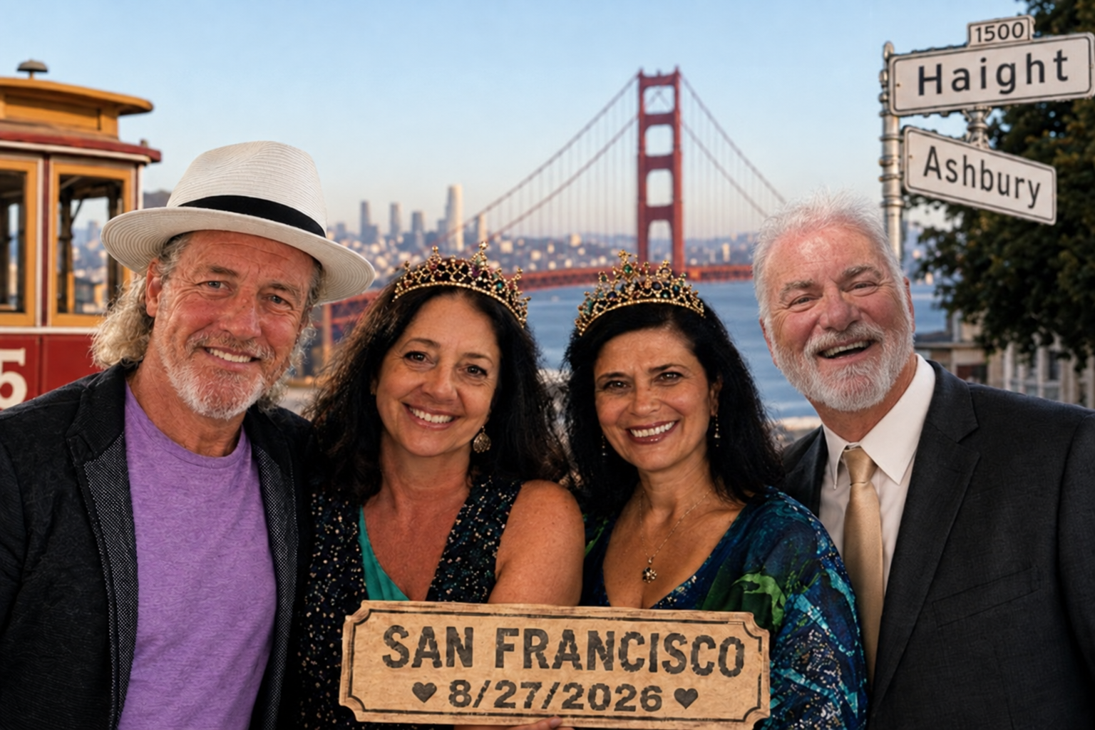 Group of travelers celebrating at San Francisco photo booth